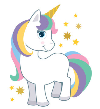 recommend clip art: Cute Little Baby Unicorn with Rainbow Hair Isolated on White Cartoon Style Vector Illustration. Fantasy Animal