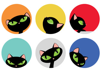 Elegant Black Cat Heads in Colorful Circle Design Set Vector Illustration