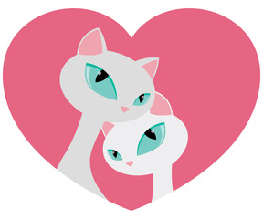 Elegant White Cat Couple Tender Embrace in Heart Shape Valentines Day Vector Illustration Isolated on White