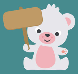 Cute Little Baby Polar Bear Holding Blank Banner Sign Sitting Flat Vector Illustration