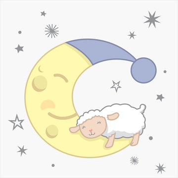 Cute Little Kawaii Style Sheep Sleeping on the Moon Dreamy Counting Sheep with Stars Night Scene Dreamy Counting Sheep Vector Illustration