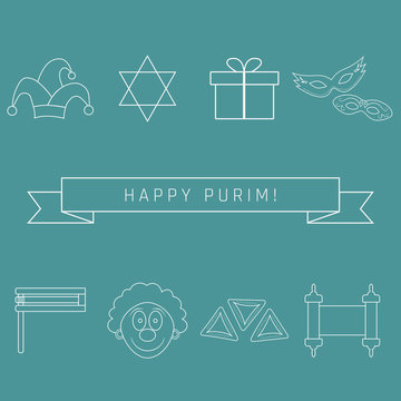 Purim holiday flat design white thin line icons set with text in english
