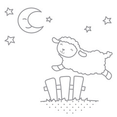 Cute Little Kawaii Style Baby Sheep Jumping over PIcket Fence Night Scene with Moon Outline Vector Illustration Isolated on White