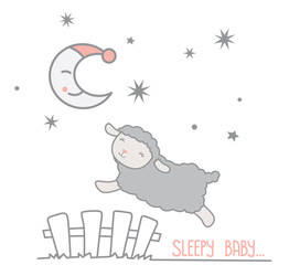 Cute Little Gray Sheep Jumping Over White Picket Fence Under the Crescent Moon with Night Cap and Stars Night Scene Dreamy Counting Sheep Sleepy Baby Text Vector Illustration
