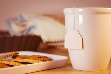 Breakfast scene. White blank mug with cookies