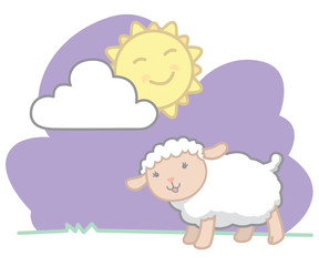Cute Little Kawaii Style Baby Sheep with Sun and Cloud Nature Scene Pastel Colors Isolated on White