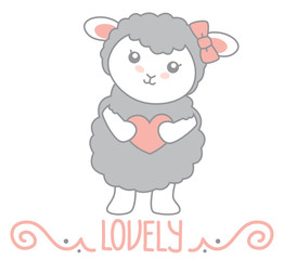 Fototapeta premium Lovely Little Kawaii Style Gray Sheep Standing and Holding Heart with Swirl Decoration and Lovely Text Vector Illustration Isolated on White