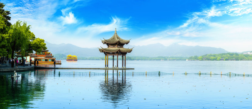 Beautiful lake landscape scenery and architectural landscape in West Lake, Hangzhou