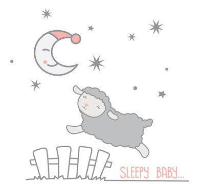 Cute Little Gray Sheep Jumping Over White Picket Fence Under The Crescent Moon With Night Cap And Stars Night Scene Dreamy Counting Sheep Sleepy Baby Text Vector Illustration