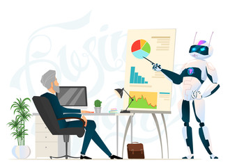 Fototapeta premium Business characters in different situation. Teamwork with robot. Cyber man in office life. Business process. Robot presenation in office