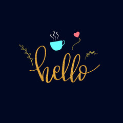 Lettering words in gold glitter style. Hello