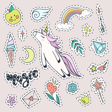 Vector set of magic stickers. Cute unicorn, rainbow,ice cream, shooting star, magic wand, diamond and other fashion patch badges.