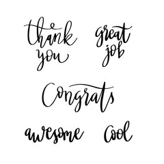 Lettering words. Compliment words. Thank you, congratulation. Vector doodle text.