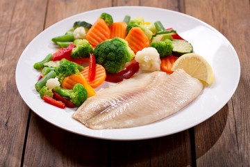 plate of fried fish fillet with vegetables