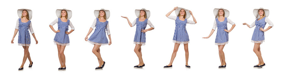 Smiling woman in plaid simple dress and hat isolated on the whit