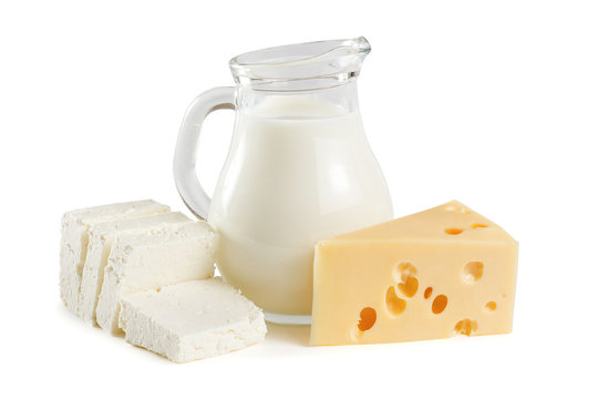 Milk, cottage cheese and yellow cheese