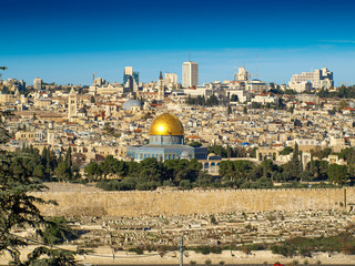 Dome of the Rock with the old town of Jerusalem, Israel. View from the Mount of Olives.