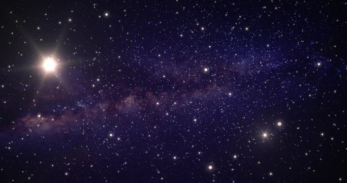 A slow animated background traveling through open space. Stars flow past camera, with a two bright suns and the center of the galaxy in the distance.	