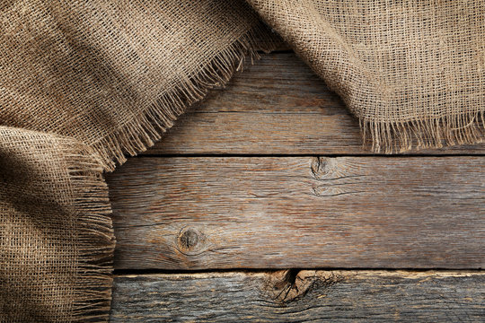 Sackcloth texture on grey wooden table
