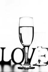 monochrome photo of champagne on white table on white background