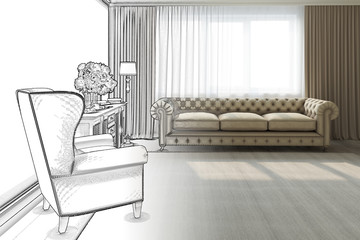 3d illustration. The sketch becomes a real living room