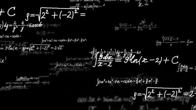 Loopable background with math formulas.
Math calculations or formulas coming from behind the screen on black background, computer generated loopable motion background.