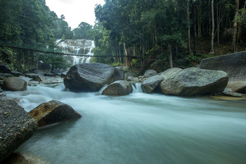 The scenery in the waterfall area in the tropical rainforest in Kuantan, Pahang, Malaysia.visible...