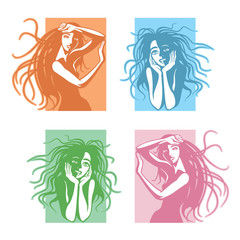 Cute girls with black long hair. Beautiful women with fluttering hairstyles. Vector illustration, sketch, hand drawn graphic lines pictures.