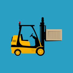 Forklift Truck Isolated on a Blue Background, Yellow Vehicle Forklift Picks up a Box, Vector Illustration