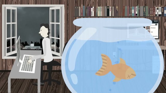 Man Working On A Computer With A Dead Fish In A Fish Tank