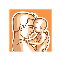 Happy father and small child together. Portrait dad and kid, man is holding a little baby in his arms. Vector illustration.