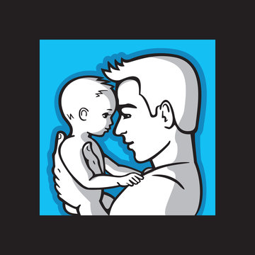 Happy father and small child together, portrait dad and kid. Man is holding a little baby in his arms. Vector illustration.