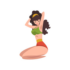 Attractive woman sitting and holding hands behind her head. Pin-up model in high waist retro bikini with green top. Sensual girl with brown curly hair. Flat vector