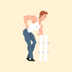 Young man with muscular body posing near fence. Cartoon character of pin-up male model. Handsome smiling guy in white t-shirt and blue pants. Flat vector design