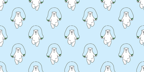 Fototapeta na wymiar bear skipping rope Polar bear Seamless Pattern isolated doodle Vector wallpaper background blue