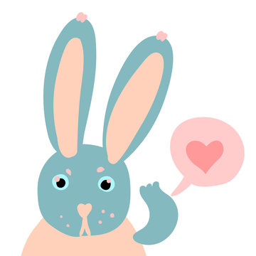 Happy Valentine cute rabbit flat illustration with heart isolated on white.