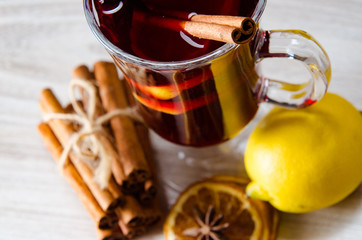 Mulled wine glintwine served in glasses for christmas table