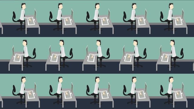 Conveyor Belt Of Employees Typing On Computers Fast