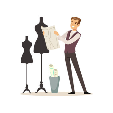 Male fashion designer standing near the dummy, tailor couture working at atelier vector Illustration