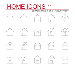 20 Home and house icons set. Volume 1. Living of people theme. White isolated background. Sign and symbol concept. Thin line icons. Editable stroke 64x64 pixels perfect.