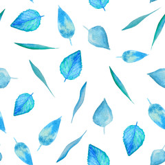 Seamless pattern with watercolor blue leaves on white background