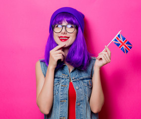 girl with purple hair and United Kingdom flag
