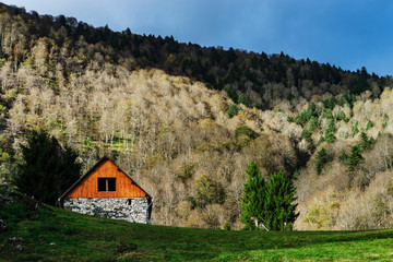 Lonely small house high in the mountains on forest background, sunset and shadows