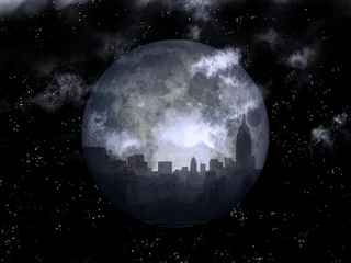 Photo sur Plexiglas Pleine Lune arbre Ville de nuit de pleine lune