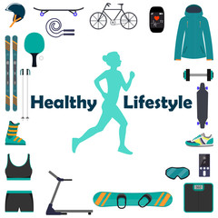 Silhouette of a running woman, surrounded by icons of sports equipment for different sports. Healthy lifestyle illustration icon set for infografics.