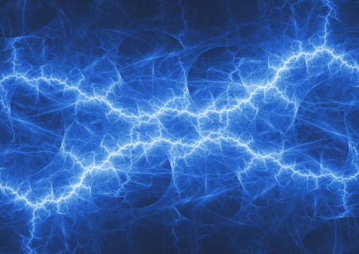 Blue plasma lightning bolt, abstract electrical background