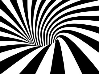 Abstract black and white striped optical illusion three dimensional geometrical wormhole shape