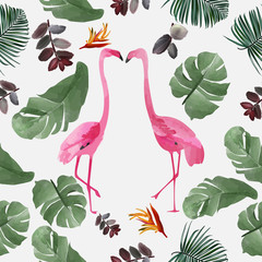  Lover pink  Flamingo  and tropical floral  seamless spring summer collection,Watercolor,vector illustration eps 10