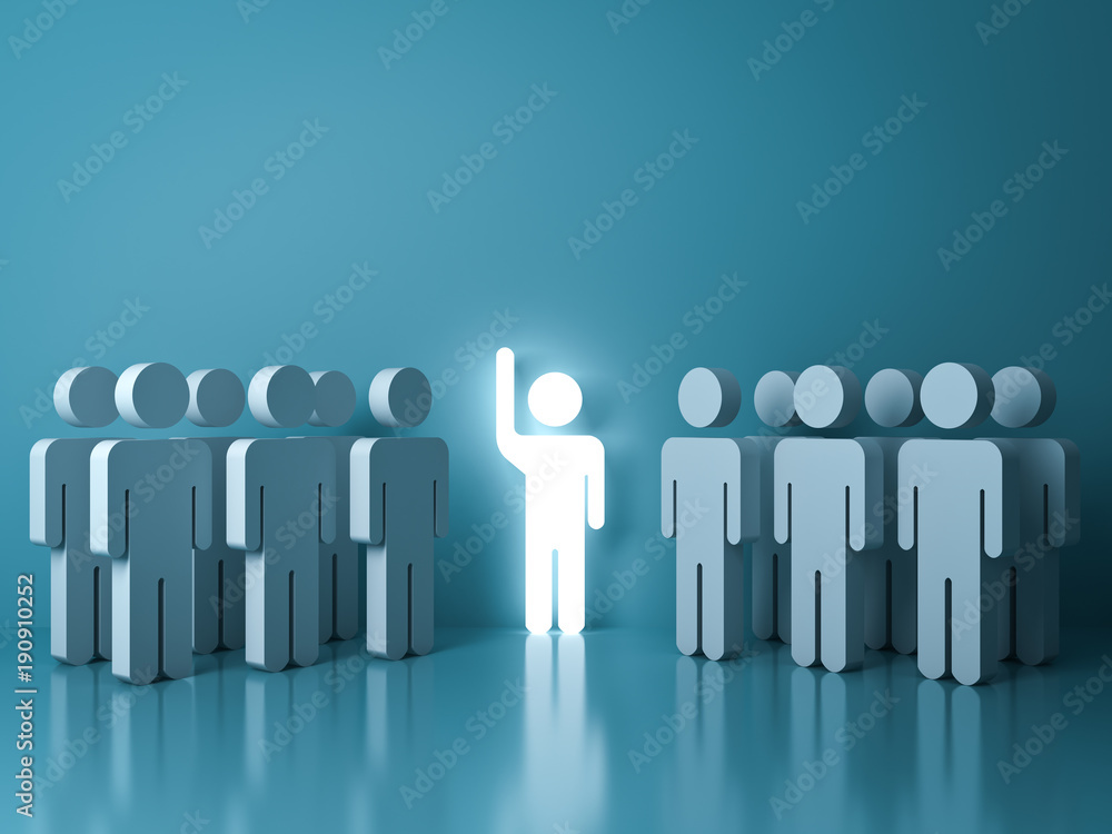 Aufkleber Stand out from the crowd and different concept , One glowing light man raising his hand among other people on light green pastel color background with reflections and shadows . 3D rendering.
