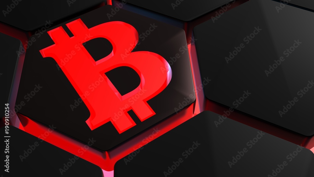 Poster bitcoin symbol on hexagon with red backlight - 3d rendering